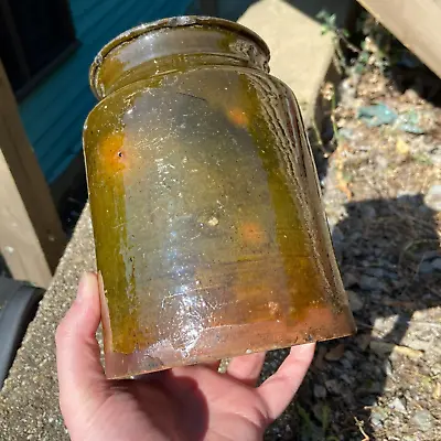 Antique Redware GREAT GREEN Glazed Quart Jar Crock Jug PA Or New England 6.75  H • $335