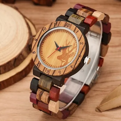 Colorful Elk Dial Women's Bamboo Watch Quartz Analog Wooden Watches Bamboo Band • $33.87