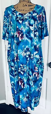 Ekouaer House Dress Mumu Pockets V-Neck Short Sleeve Blue Floral Hawaiian XL • $22.99