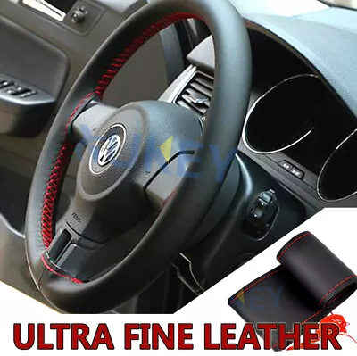 £5.26 • Buy Black Red Genuine Leather Sport DIY Car Steering Wheel Cover With Needles Thread