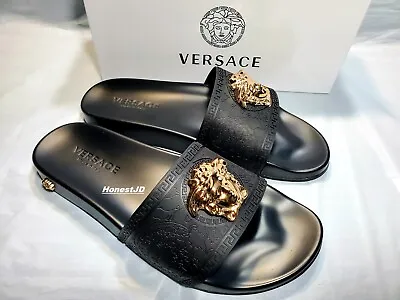 Men's Black Gold Versace Medusa Palazzo Sandals Slides Flip Flops Size 10 10.5 • $239.99