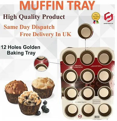 £7.99 • Buy Baking Tray 12 Large Muffin Pan Cupcake Yorkshire Pudding Mould Cupcake Gold