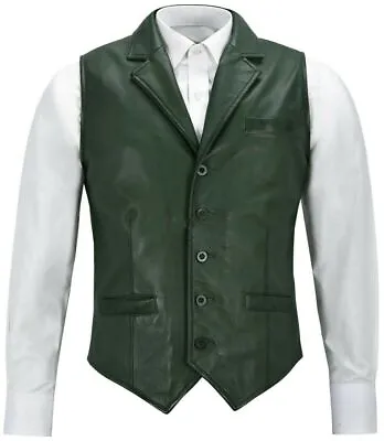 Western Vest Coat Jacket Lambskin Green Genuine Men Leather Waistcoat Button • $160