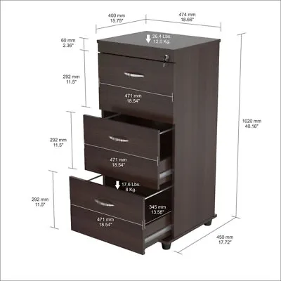 Inval America Uffici 3-Drawer Modern Engineered Wood File Cabinet In Espresso • $225.03