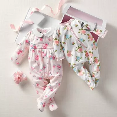 Mud Pie H0 Baby Girl Floral Cotton Footed Sleepers 2pc Set 11060143 • $24.99