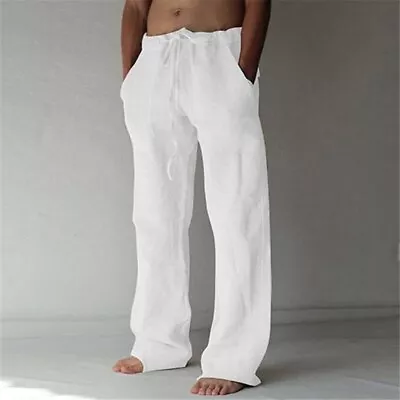 Casual Men's Cotton Linen Pants Drawstring Trousers Comfort Loose Wide Leg Pant • $17.99