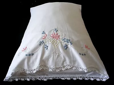 New PillowCase Hand Embroidered Crochet Sateen Cotton Standard Basket White One • $19.99