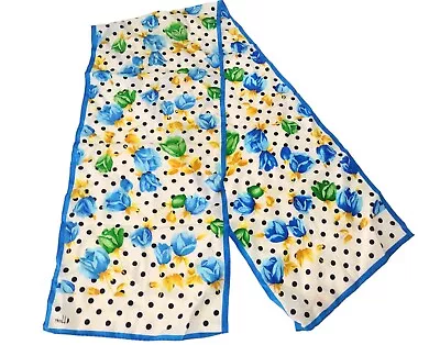Vintage Honey Hand Rolled All Silk Floral Scarf NEW Polka Dots Signed Blue Multi • $17.99