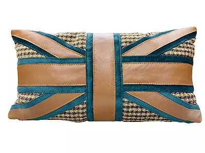 New Real Leather Tan Union Jack Flag Cushion 10  X 18  (25x45cm) • £25