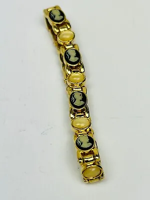 Vintage Black & White Cameo Yellow Faux Moonstones Gold Tone Bracelet  7 1/2  • $14.99