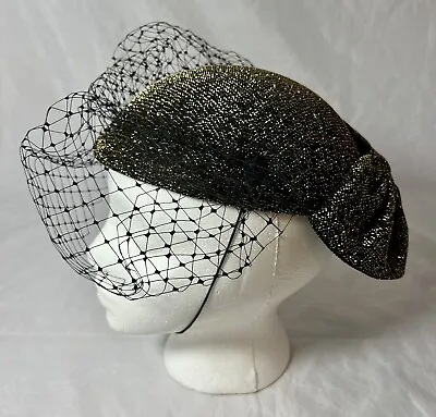 80’s Black With Gold Ladies Pillbox Hat Black Veil Netting Funeral Vintage • $34.99