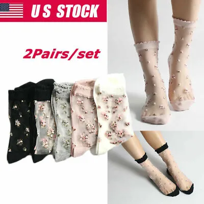 $3.99 • Buy 2Pairs Women Flower Lace Socks Transparent Thin Crystal Silk Short Ankle Socks 