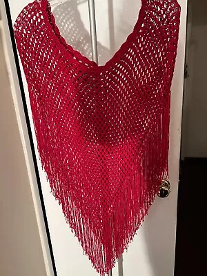 Vtg Say What? Women/s  Crochet Poncho Red Scoop Neck Fringe On Bottom One Size • $15