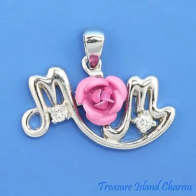 Mom Mother 925 Sterling Silver Pendant With Pink Enamel Rose And CZ Crystals • $21.95