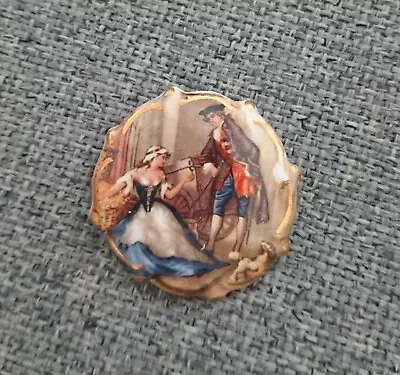 Vintage Antique Pottery Porcelain Brooch Pin Colonial Romantic Scene • £5