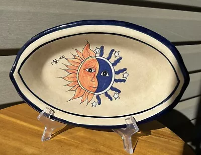 Vintage Sun Moon Cobalt Blue Rim Oval Mexican Art Pottery Bowl 10”-Marked • $21