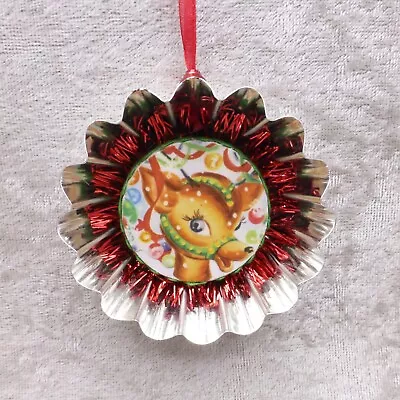 Reflector Style Reindeer Christmas Ornament Vintage Tart Tin Handcrafted • $10.95