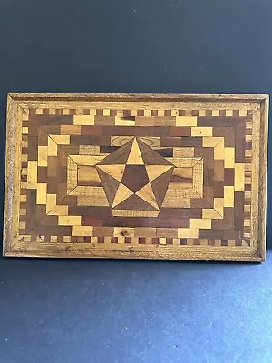 Vintage MCM Marquetry Wood Tray Handmade 12  X 19” Art Deco Geometric Folk Art • $54