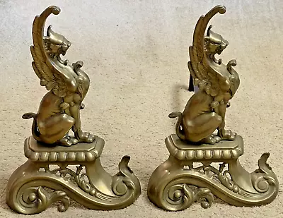 Beautiful Vintage Brass Repoussé Griffin Sphynx Andirons 17  Tall • $490