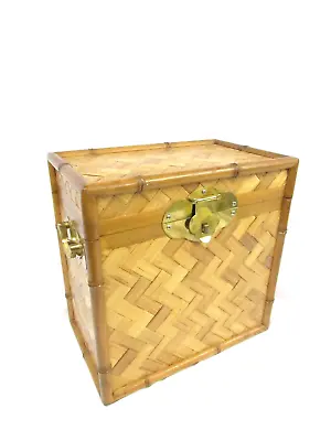 Vintage Faux Bamboo Box Woven Rattan Decorative Storage Large Wood Brass Handles • $54.88