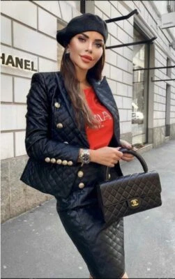 £155.54 • Buy 2019 New Winter Style PU Leather Diamond Check Slim Double-Breasted Women's Set