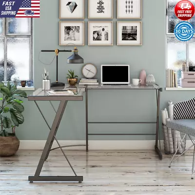 Modern Glass L-Shape Computer Desk Home Office Metal Frame Study Corner Table US • $78.73