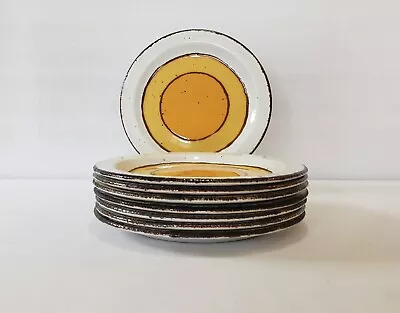 Midwinter Bread Plates 7  Sun Stonehenge Yellow Orange Circles Brown Trim Qty 8 • £62.66