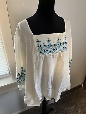 Bob Mackie Peasant Top 2X White 3/4 Sleeve Embroidered Square Neck A81649 NEW • $19.95