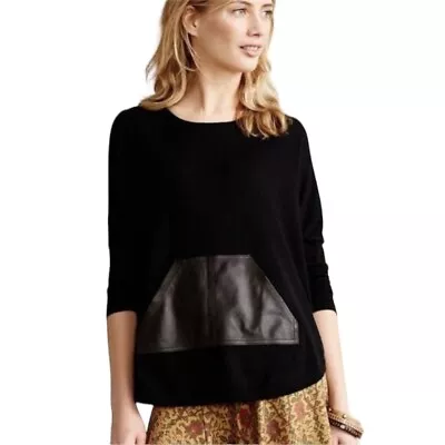 Anthropologie La Fee Verte Cashmere Blend Sweater Black Small Leather Pocket • $17.90