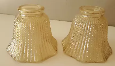 2 Vtg Glass Shade Globe Iridescent Amber Gold Ribbed Beaded Replacement • $15