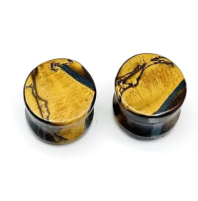 PAIR Natural TIGER EYE Plugs Double Flare Handmade Size 3mm To 50 & More • $17.74