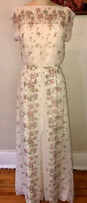 Vtg 70's Boho Christos Off White&pink Floral Chiffon Bridal Couture Dress*xs • $49.99