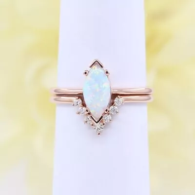 14K Marquise Opal Ring Diamond V Band 2 Ring Set • $690