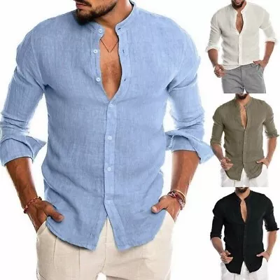 Men Casual Cotton Linen Shirt Long Sleeve Button Down Dress Collarless T Shirts • $17.99