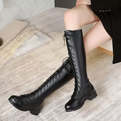 Women's Military Knight Lace Up Knee High Boots Low Block Heels Round Toe Shoes • $33.70