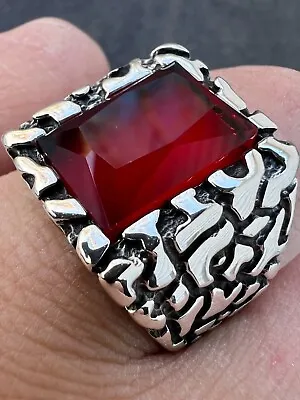 Mens Real 925 Sterling Silver Iced Simulated Big Red Ruby Nugget Hip Hop Ring • $46.24