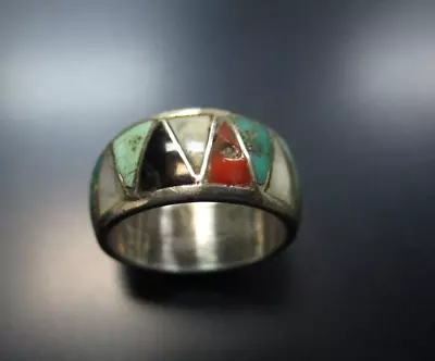 Vintage  Navajo Multi Stone Sterling Silver Inlay Band Size 7 • $26