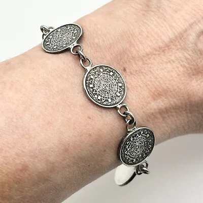 Vintage Mayan Calendar 925 Sterling Silver Mexico Etched Coin Link Bracelet • $65