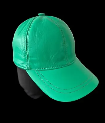 Unisex Green 100% Leather Baseball Cap Golf Adhesive Biker Hat • £19.99