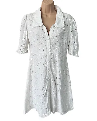 QED LONDON White Embroidery Button Through Collar Boho Mini Dress Size 10  • £9.99