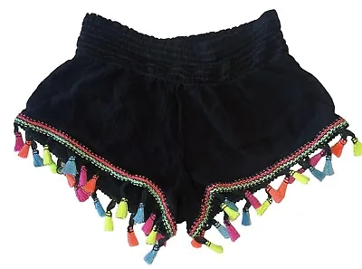 Vintage Havana Girls Black Gauzy Neon Tassel Smocked Waist Shorts Size S(7-8) • $16