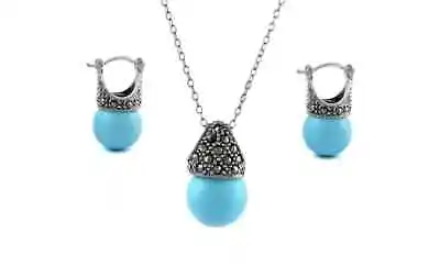 Solid 925 Sterling Silver Genuine Marcasite Turquoise Earring & Necklace Set • $19.99