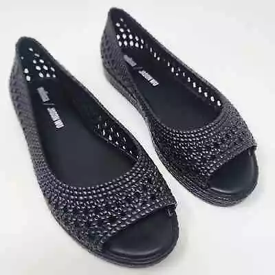 Jason Wu Camilla Melissa Black Jelly Peep Toe Plastic Woven Espadrille EUC 7 • $47.87