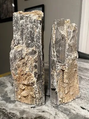 Crystalline Calcite Bookends On Banded Gray Limestone • $115