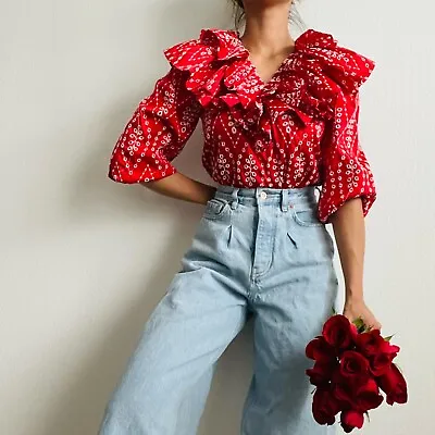 Euc Zara Red Openwork Embroidered Frill Blouse Top Size Xs 0 2 • $39.99