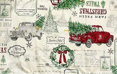 Christmas Vinyl Tablecloth Red Truck Pine Trees Farm Retro Nostalgia  Asst. Sz • $13.95