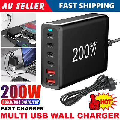 6 Port Fast Charger 200W Multi USB-C Wall Charger Quick Charging Station Type C • $45.88