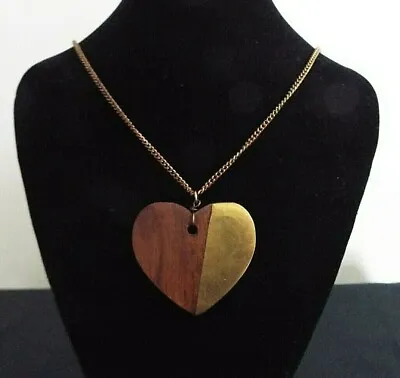 £3.99 • Buy Wood (with Brass Facing On Half) Heart Pendant On A 28  Adjustable Necklace