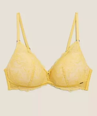 M&s Autograph Yellow Floral Graphic Non-wired Padded Bra Bralette Uk 12 • £7.99