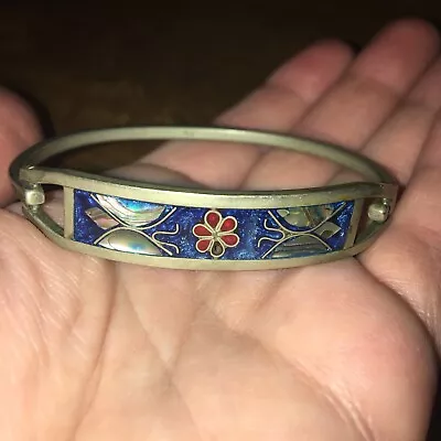 Taxco Mexico Abalone Flower Butterfly Inlay Hinged Bangle Bracelet • $20